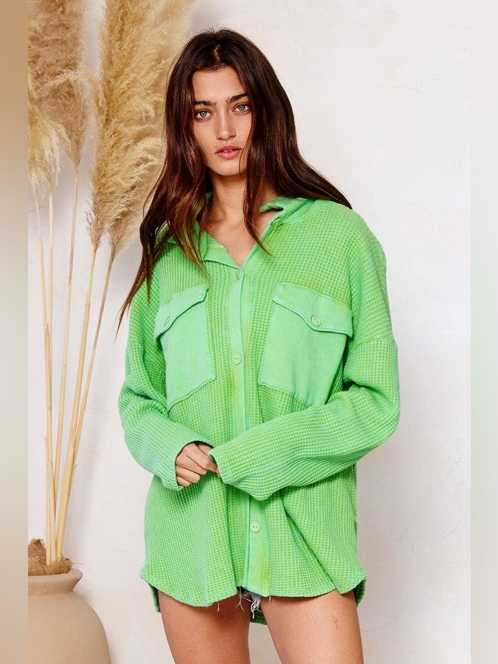 Bucketlist Waffle-Knit Button-Up Shacket in Lime Green Large